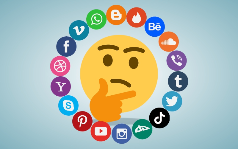 Thinking emoji surrounded by social platform icons