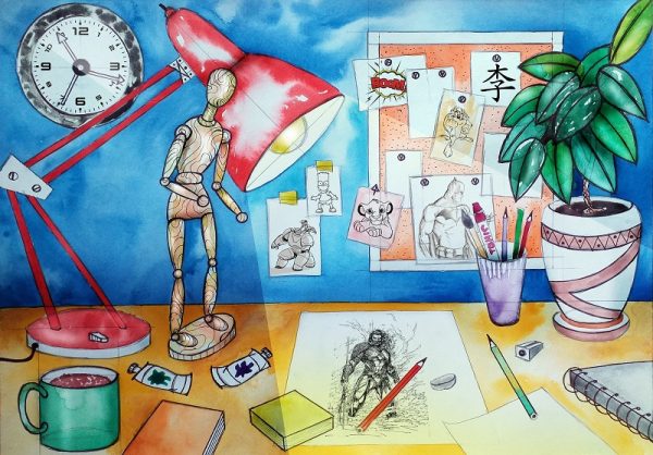 Illustration of illustrators desk with art