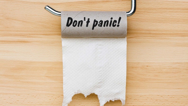 empty toilet paper roll with "don't panic!"