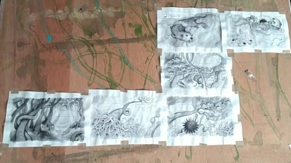 If You Take Away the Otter Sketches | A. T. Baron - Author & Illustrator A series of six detailed pencil sketches, by Matthew Trueman, taped to a wooden surface, featuring surreal, organic and tentacled forms, animals, faces, and abstract patterns, all rendered in monochrome with intricate linework.