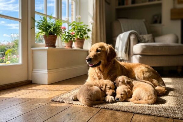 A golden retriever lies on a sunlit rug indoors, watching over three sleeping puppies. Large windows reveal a bright garden outside, and the cozy room features plants, bookshelves, and an armchair.