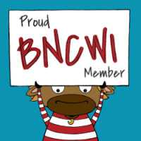 Cartoon character in a red and white striped shirt holding a large sign that says "Proud BNCWI Member" against a blue background.