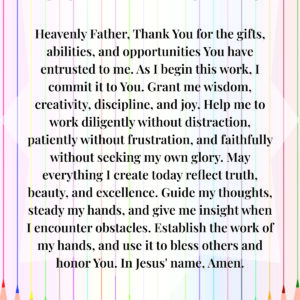 Colorful border of colored pencils frames a prayer titled "Creative Prayer," asking for guidance, wisdom, creativity, and patience to use one’s abilities for good, ending with "In Jesus' name, Amen.