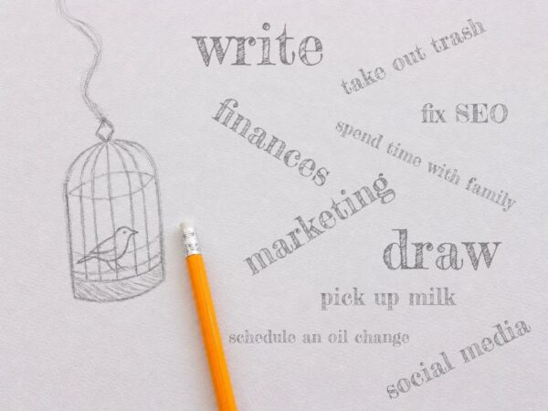 A pencil next to a sketch of a bird in a cage, with words like "write," "finances," "marketing," and other tasks scattered across a white background.